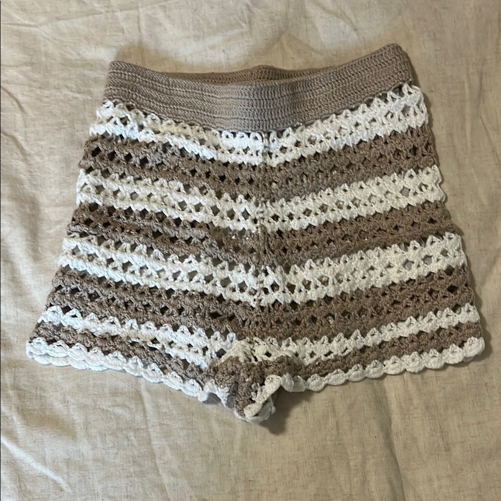 Tularosa High Waist Brown and White Crochet Shorts